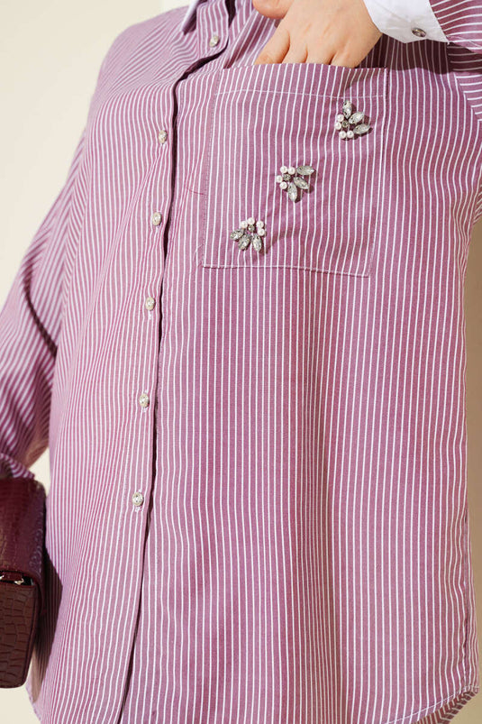 Pocket Stone Dun Gestreept Overhemd Bordeaux Rood