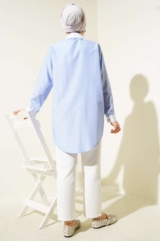 Cep Taşlı İnce Çizgili Gömlek Buz Mavisi