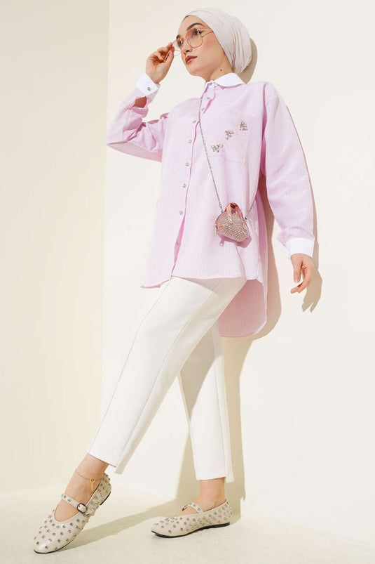 Cep Taşlı İnce Çizgili Gömlek Pembe