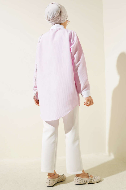 Cep Taşlı İnce Çizgili Gömlek Pembe