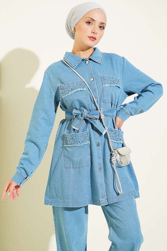 Ensemble Deux Pièces En Jean Bleu Clair Avec Ceinture À Strass