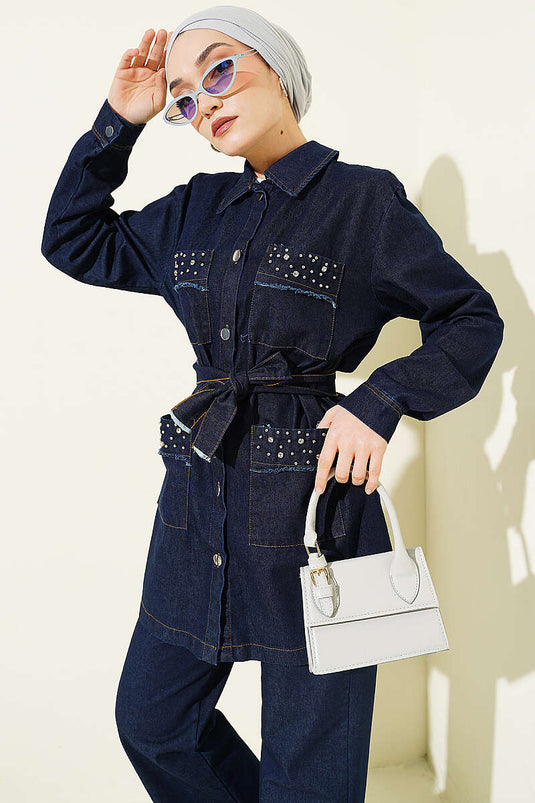 Denim tweedelig set met riem en steentjes, donker denim