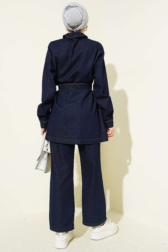 Denim tweedelig set met riem en steentjes, donker denim