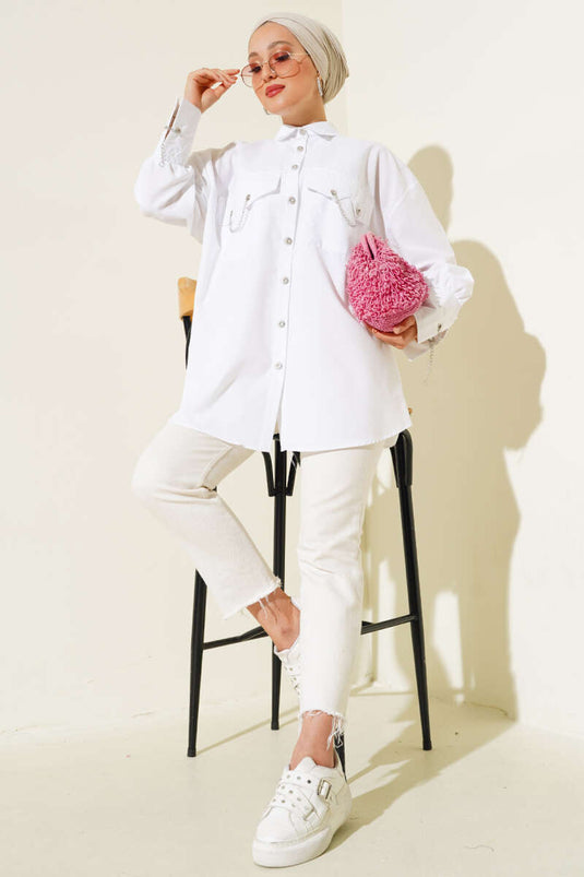 Chemise Chaîne Poches et Manchette Blanc