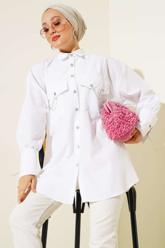 Chemise Chaîne Poches et Manchette Blanc