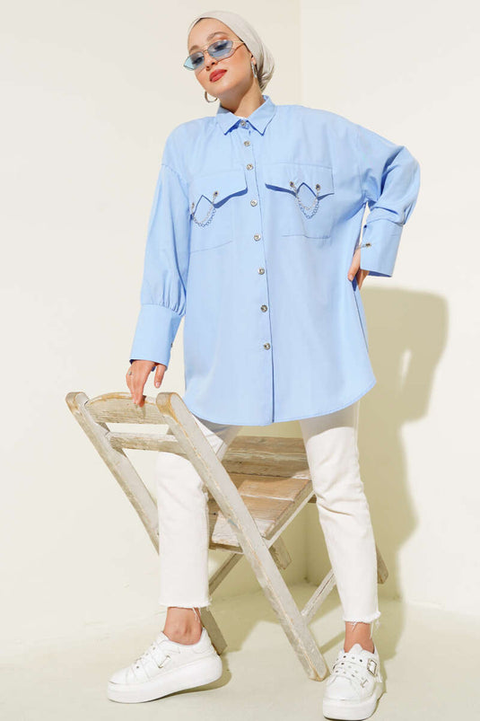 Chemise Poches et Manchette Chaîne Bleu