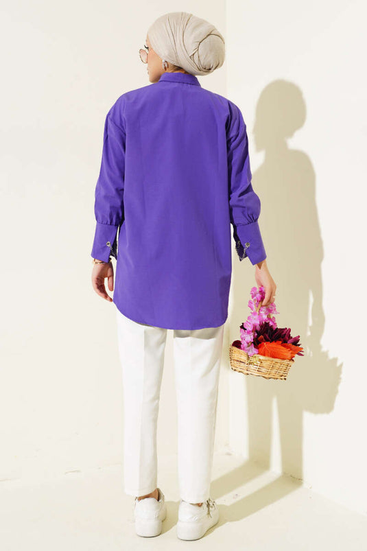 Camicia Viola Con Catena Su Tasche E Polsini