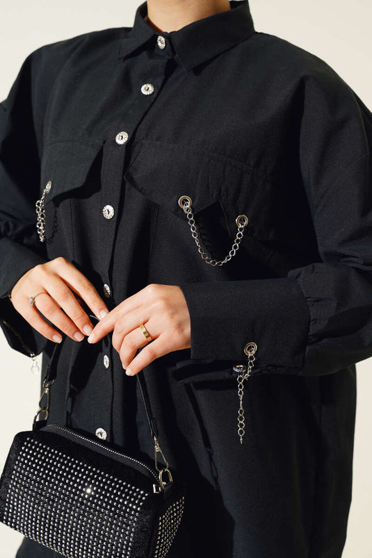 Camicia con catena con tasche e polsini Nera