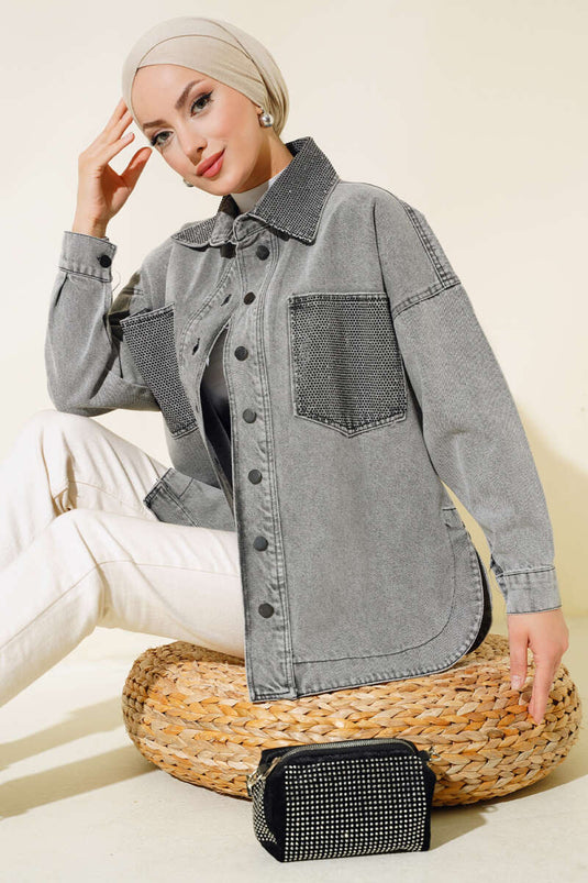 Lomme og krave Stone Detailed Denim Jacket Grå