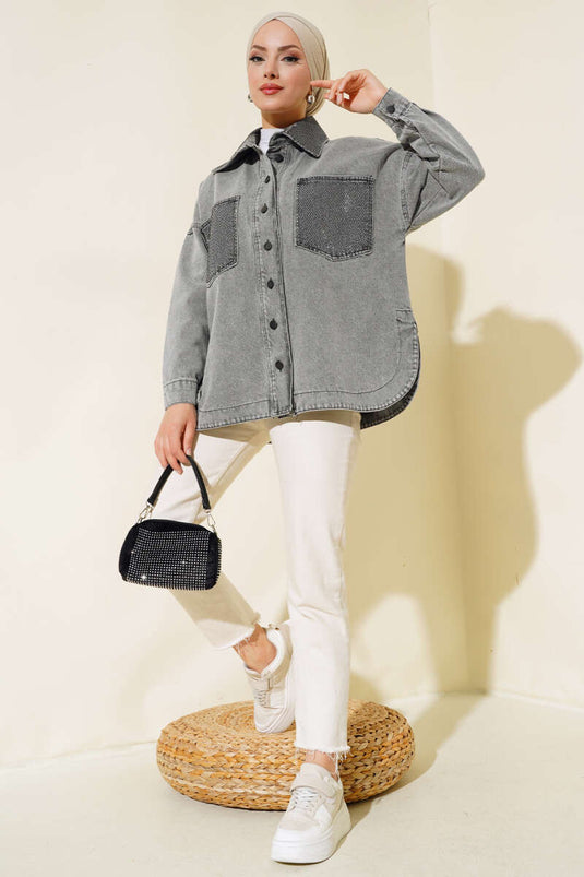 Lomme og krave Stone Detailed Denim Jacket Grå