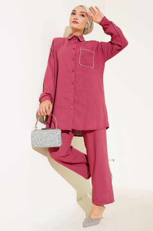 Cep ve Yaka Taşlı Keten İkili Takım Burgonya