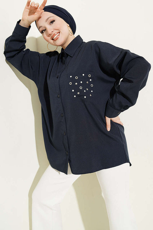 Pocket-Studded Basic Shirt Navy Blue