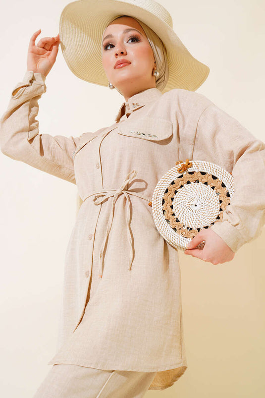 Beige Two-Piece Set with Stone Detail