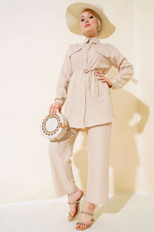 Beige Two-Piece Set with Stone Detail