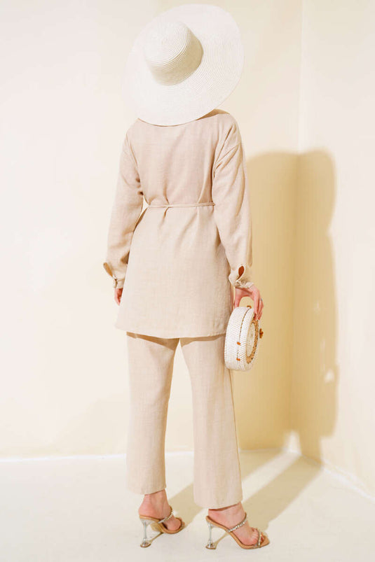 Beige Two-Piece Set with Stone Detail