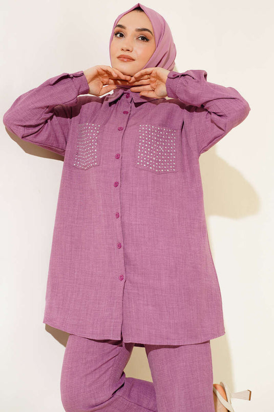 Costume en lin à poches ornées de pierres, rose poudré