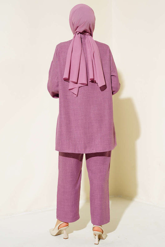 Costume en lin à poches ornées de pierres, rose poudré