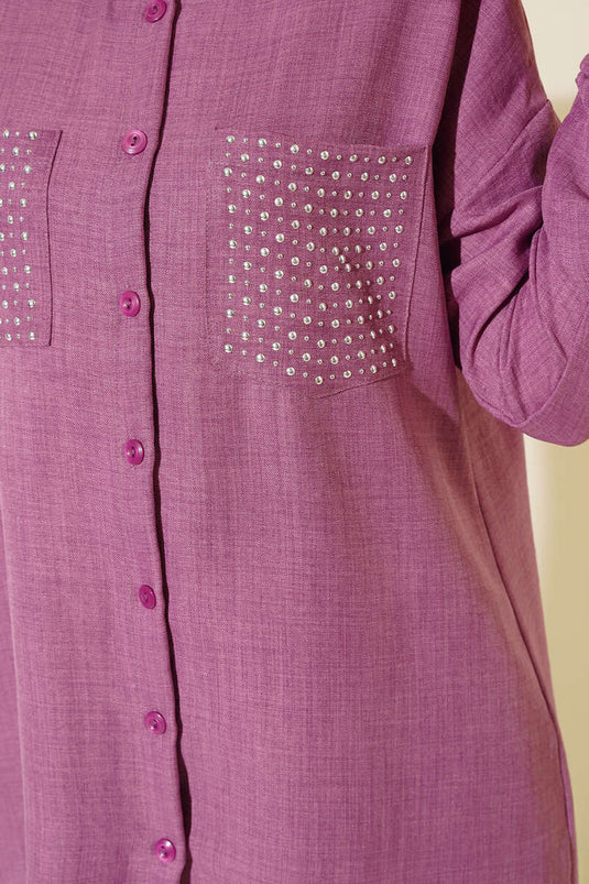 Costume en lin à poches ornées de pierres, rose poudré