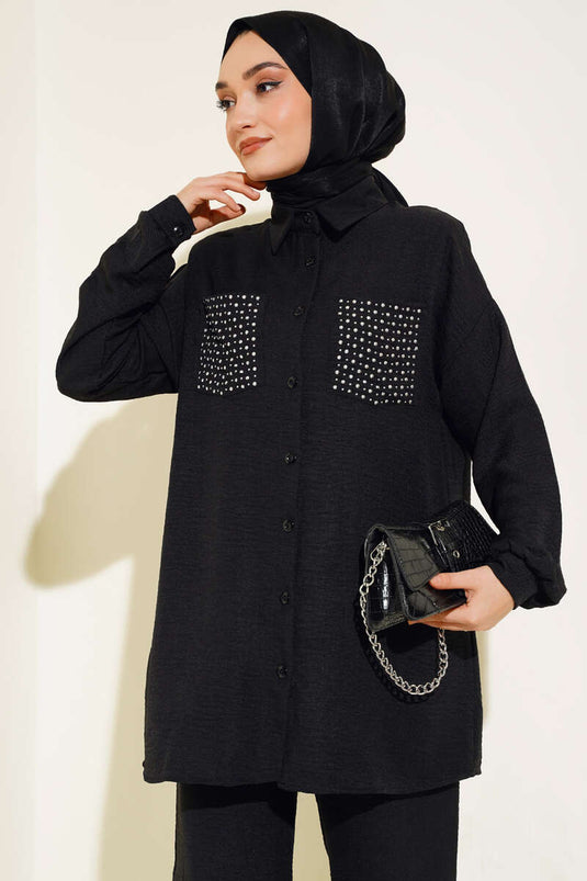 Costume en lin noir avec poches ornées de pierres