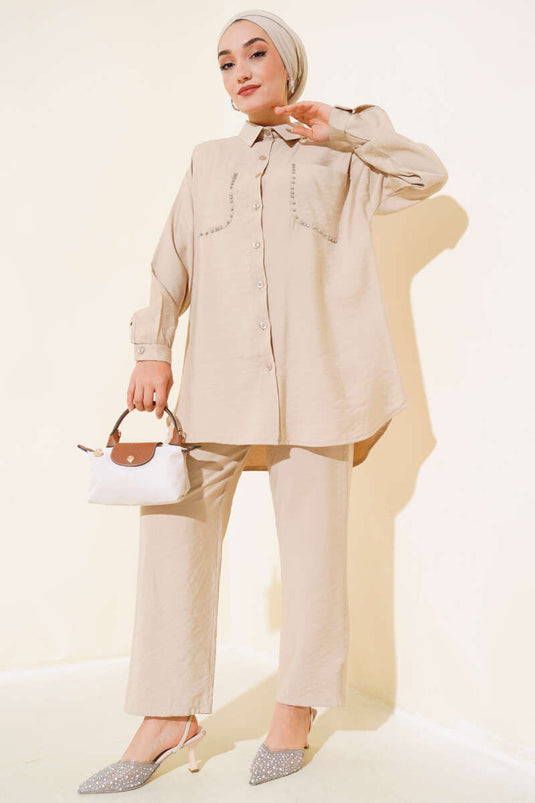 Beige Stone Detailed Two-Piece Set