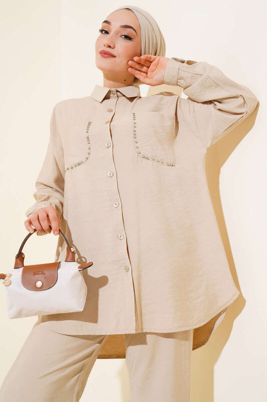 Beige Stone Detailed Two-Piece Set