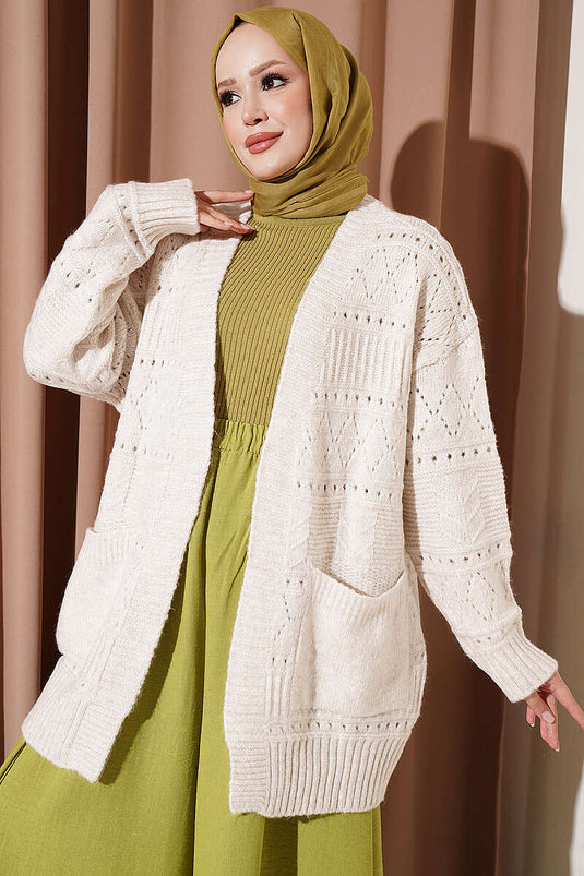 Beige Gebreide Vest Met Zakken En Knopen