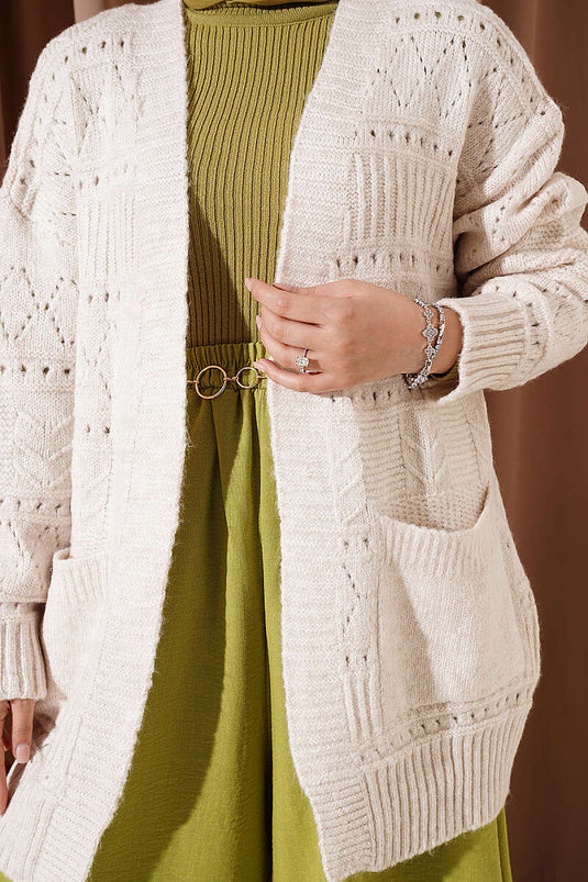 Beige Gebreide Vest Met Zakken En Knopen