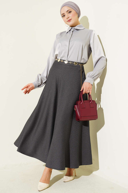 Pleated Herringbone Pattern Flared Skirt Smoke Gray