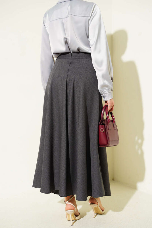 Pleated Herringbone Pattern Flared Skirt Smoke Gray