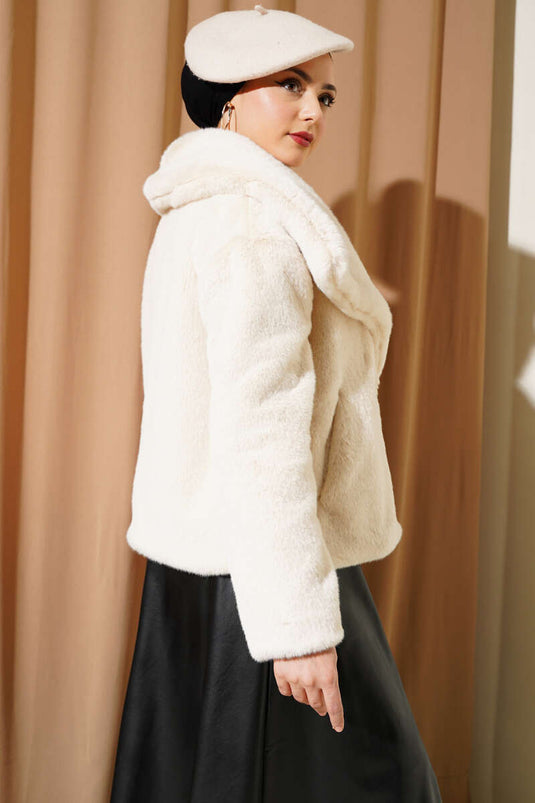 Manteau Peluche Court Basic avec Poches Ecru