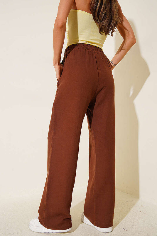 Pantalon en mousseline avec poches et taille élastique, couleur café