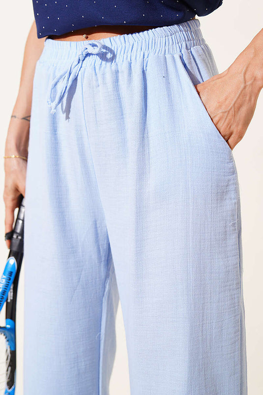 Muslin Pants with Pockets and Elastic Waistband Blue