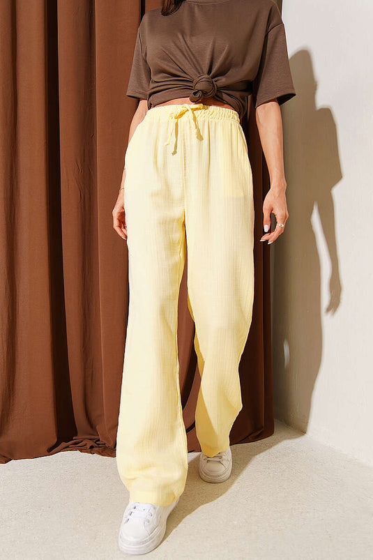 Muslin Pants with Pocket and Elastic Waistband Yellow