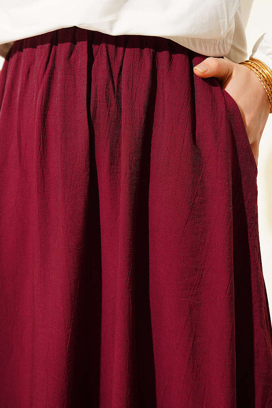 Basic Skirt with Elastic Waist and Pockets, Burgundy