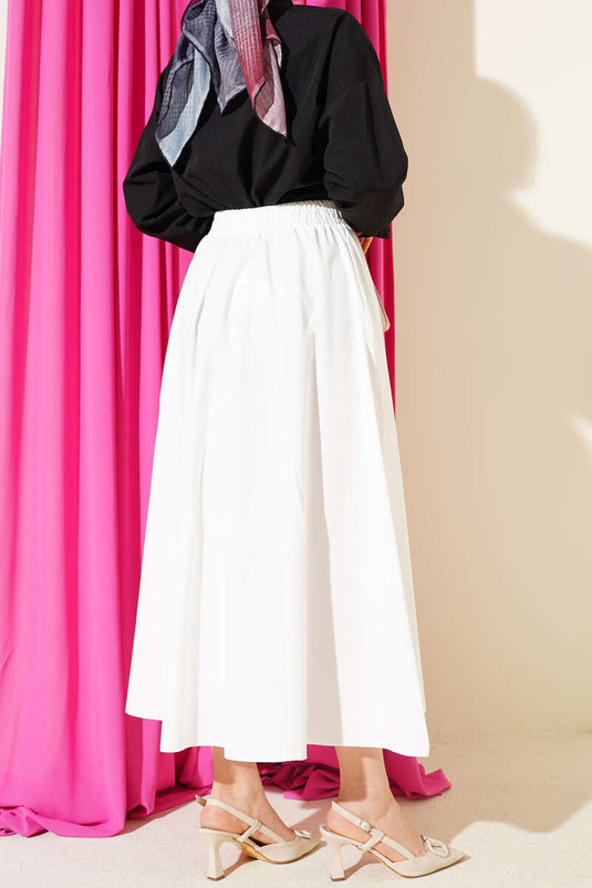 Plain Skirt with Elastic Waist and Pockets White