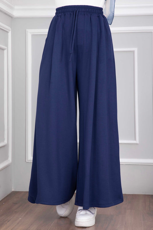 Navy Blauw Met Zakken Elastische Taille Rok Broek
