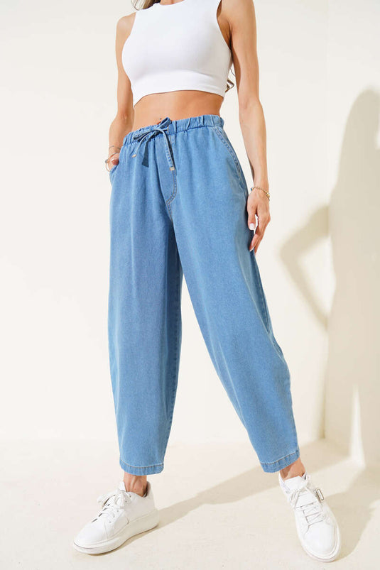 Elastic Waist Trousers with Pockets Light Blue