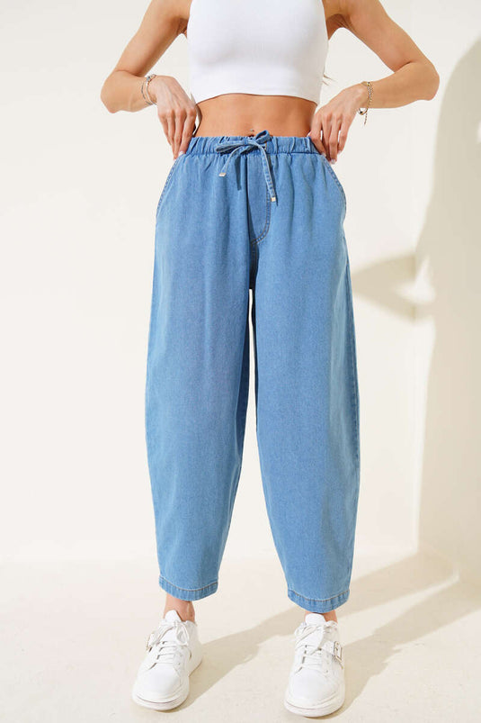Elastic Waist Trousers with Pockets Light Blue