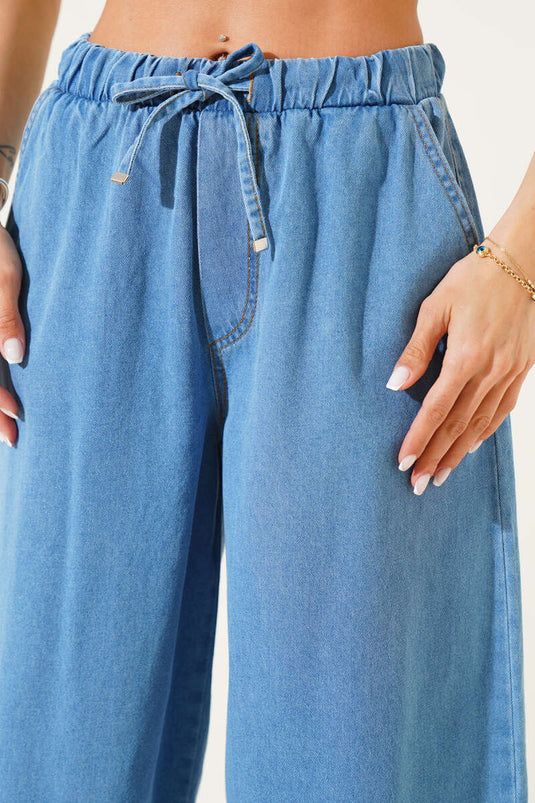 Elastic Waist Trousers with Pockets Light Blue