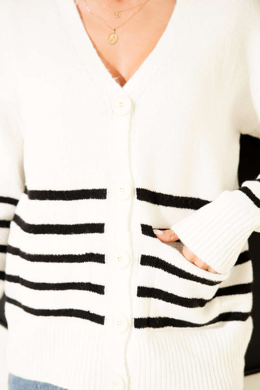 كارديجان محبوك بتفاصيل مخططة وجيوب، لون بيج فاتح