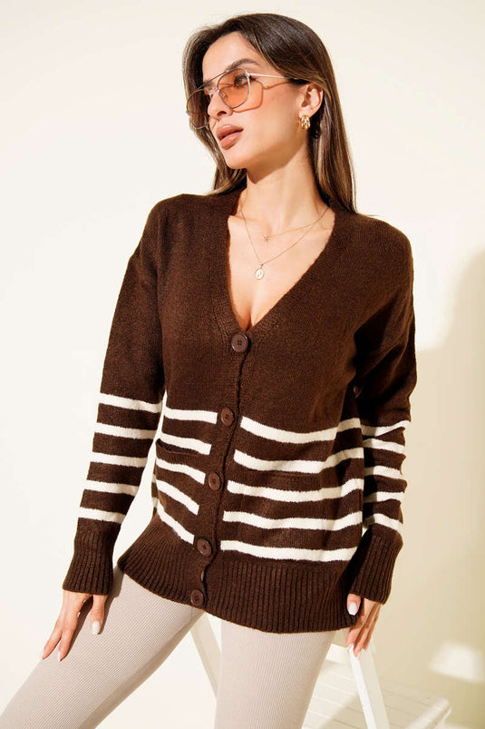 Pocketed Striped Detail Knitted Cardigan, Brown