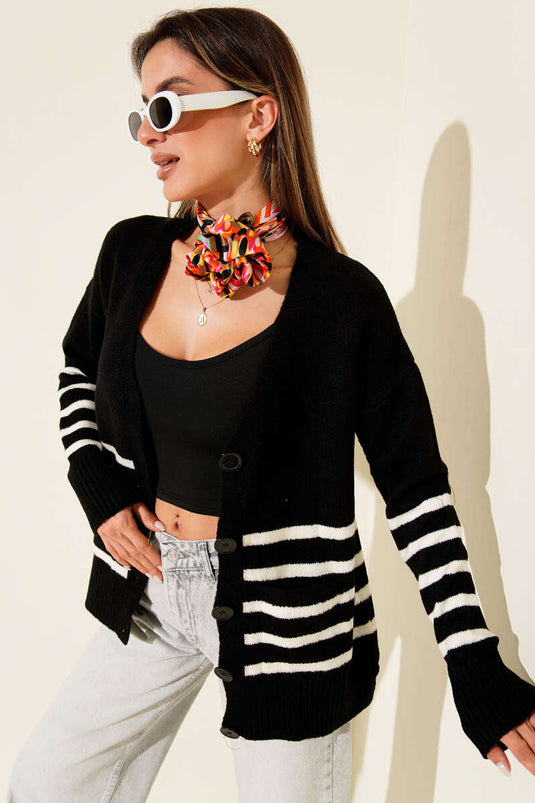 Pocketed Striped Detail Knitted Cardigan, Black