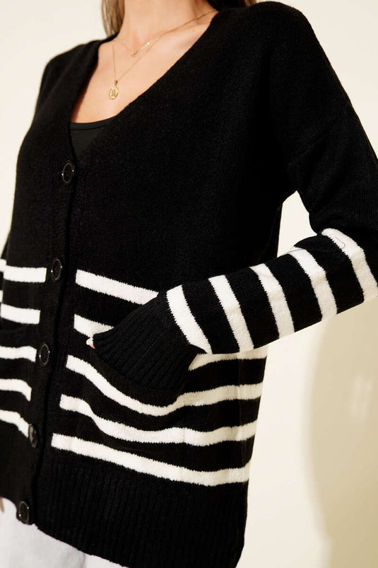 Pocketed Striped Detail Knitted Cardigan, Black