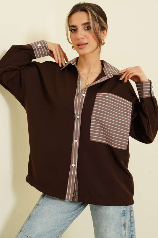قميص بجيب مزين بخطوط باللون البني