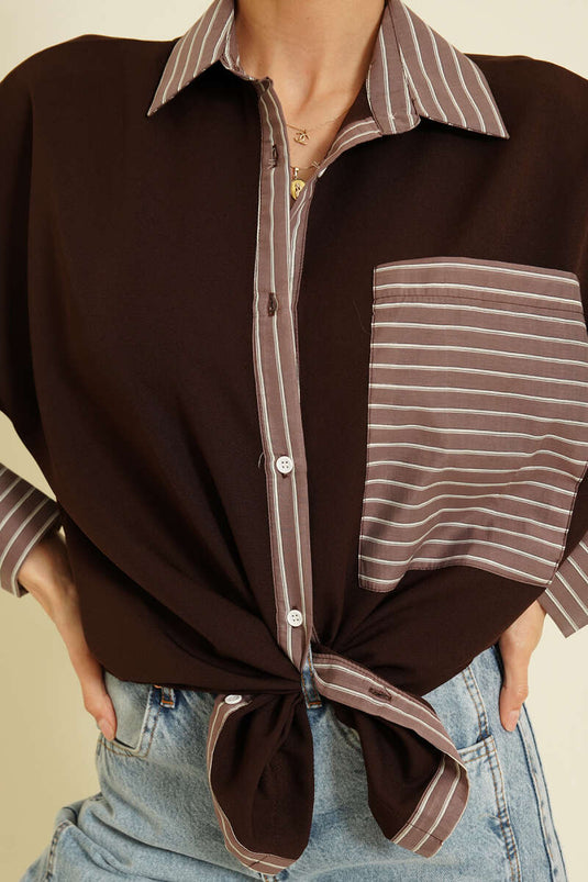 Cepli Çizgi Garnili Gömlek Kahve