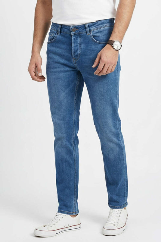 بنطال جينز رجالي بجيب وساق ضيقة أزرق