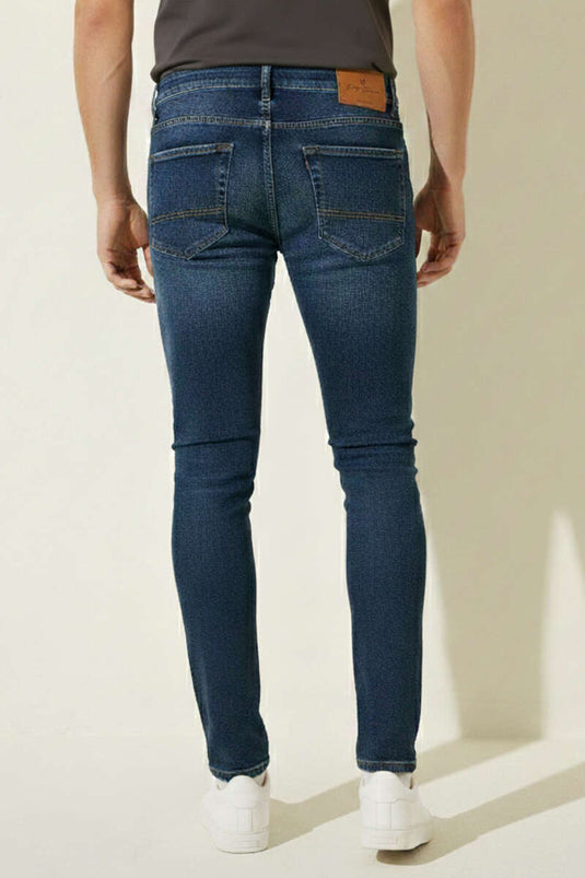 Buttoned Pocket Stretch Men's Denim Trousers Dark Blue