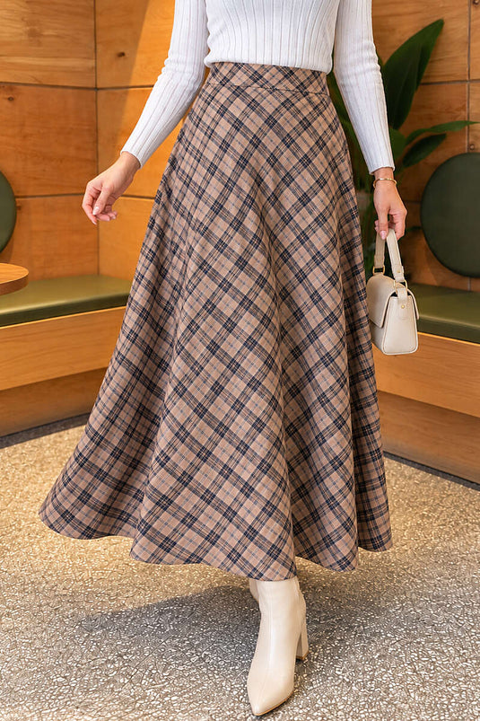 Cepli Ekoseli Kloş Etek Bej