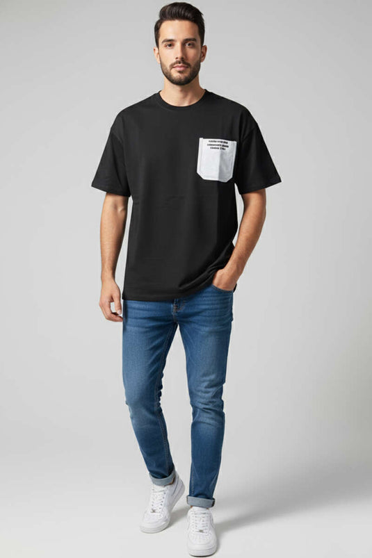 تيشيرت رجالي مطبوع بتقنية الحقن مع جيوب، أسود