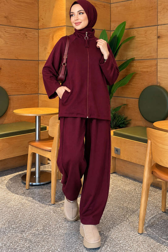 Cargo Broek Set Met Ritsdetail In Pruim